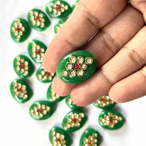 Dark Green Color Oval Shape Beads With Kundan Work Pack Of 6